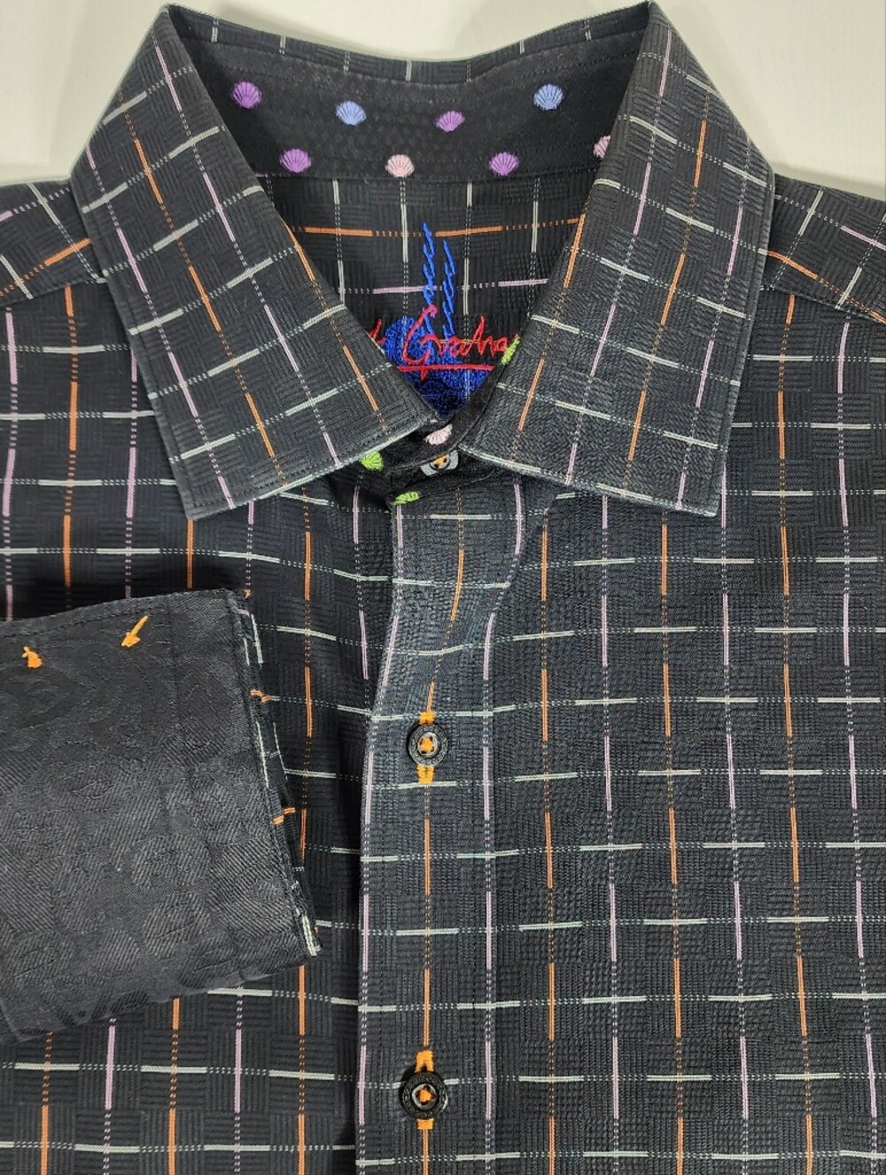 Robert Graham Black Plaid Shirt with Orange and Purple Pinstripes
